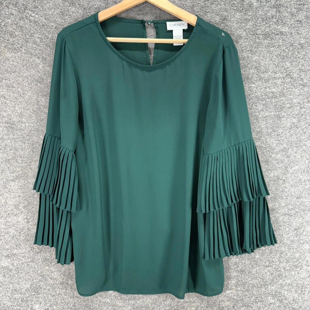 Carmen Blouse Women L Large Green Long Sleeve Hook & Eye Pleated Casual Solid